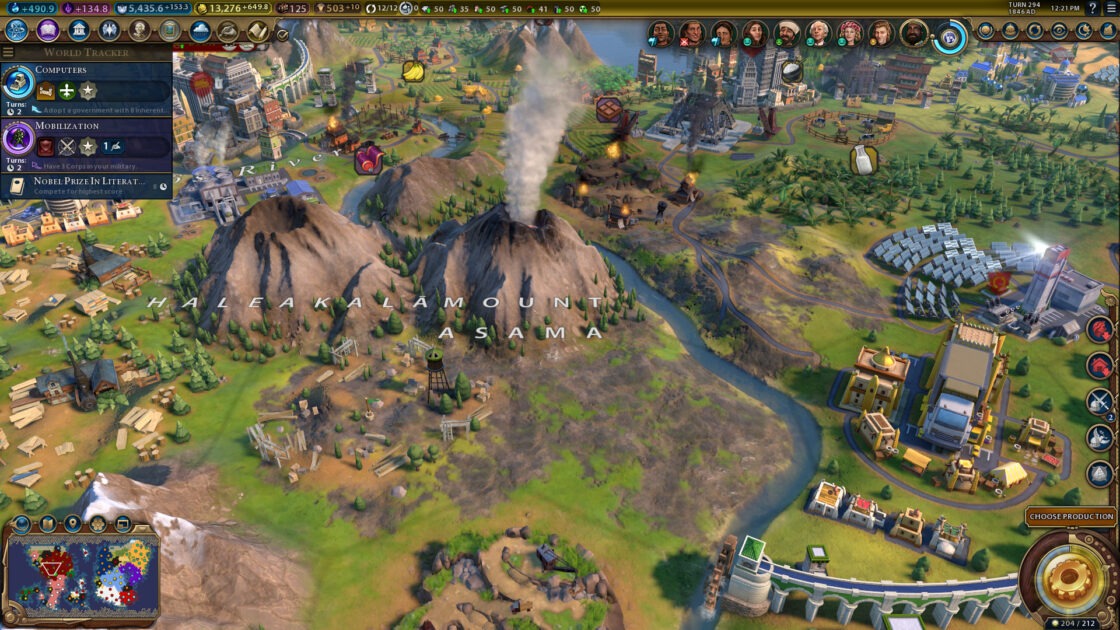 A Civ VI screenshot, showing technological marvels dotted around a still-smoking volcano